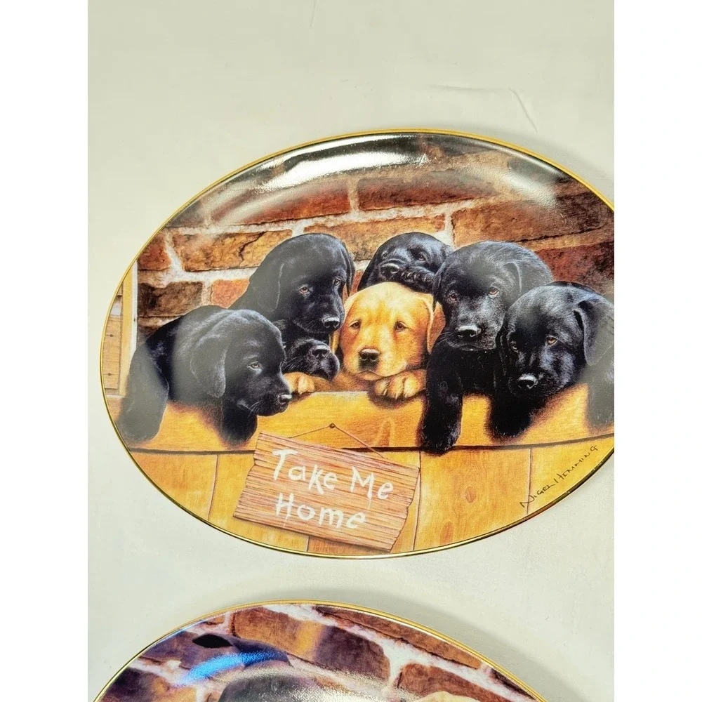 Franklin Mint Dog Plate Set of 3 Three's A Crowd, Take Me Home, Five And Dine